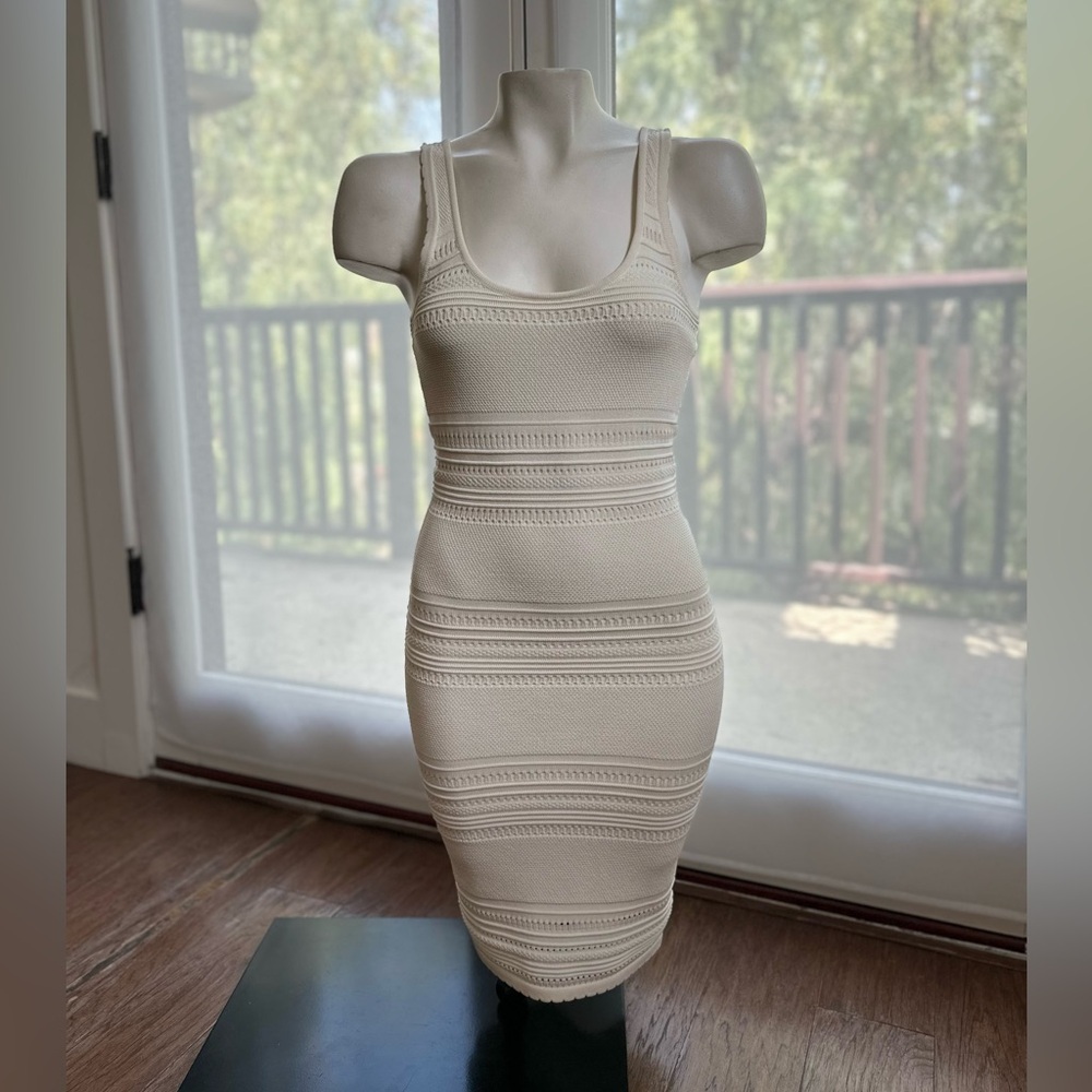 Torn by Ronny Kobo Cream Ribbed Sleeveless Bodycon Mini Dress